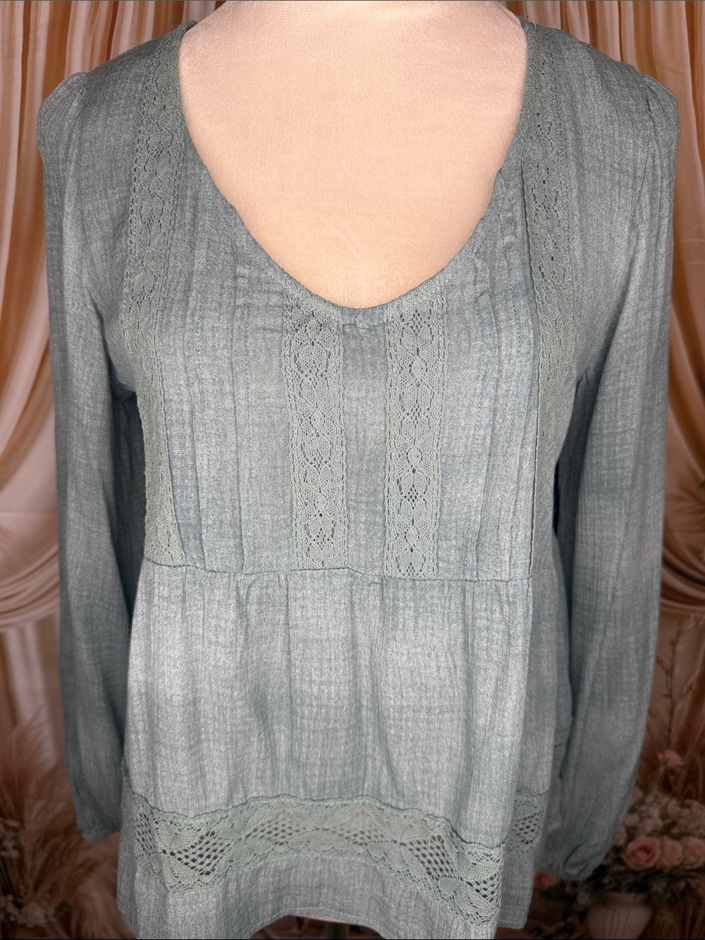 Rewind Dusty Sage Lace-Trim Peasant Blouse